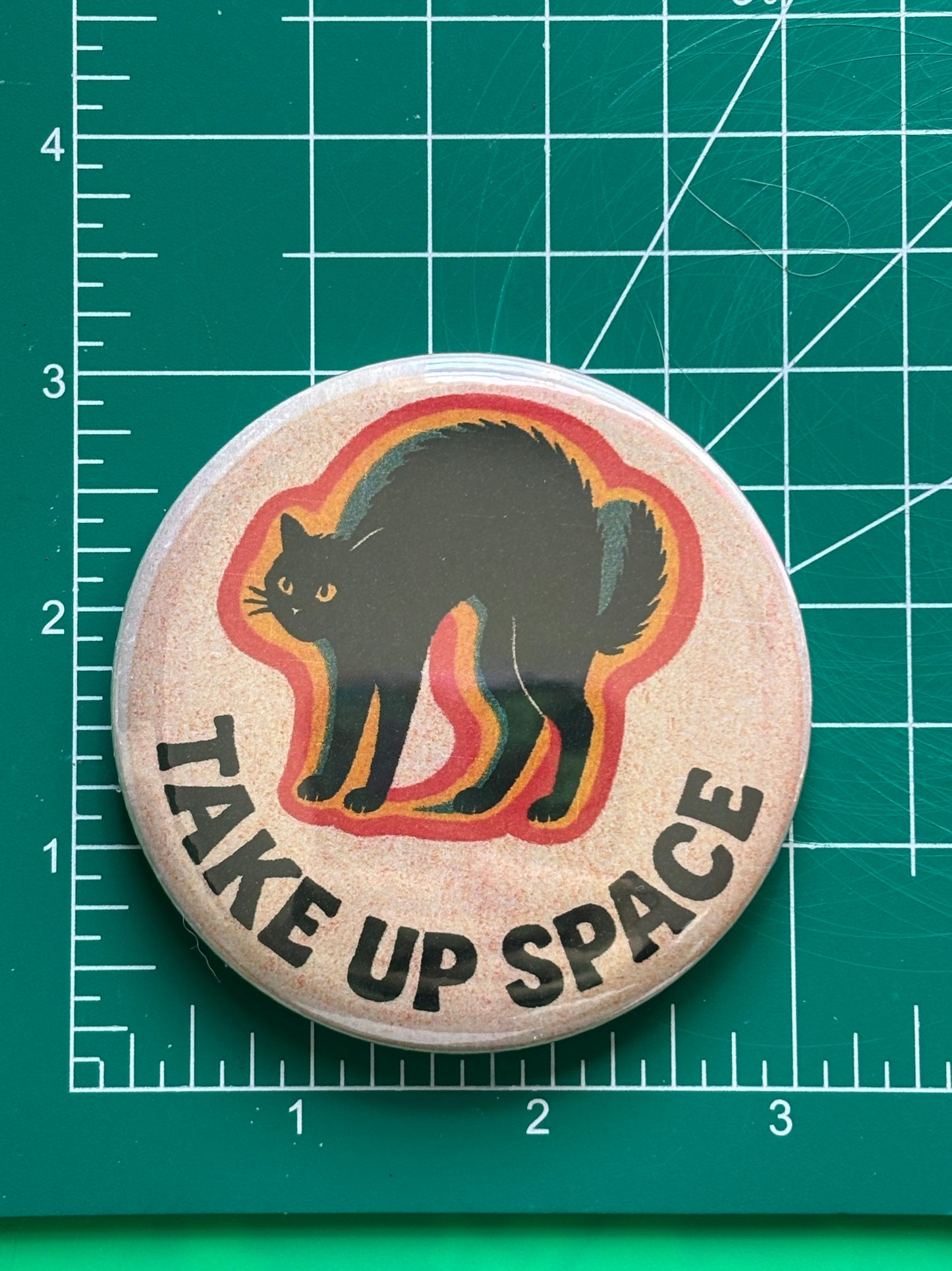 TAKE UP SPACE pinback button, 3 inches risograph style illustration