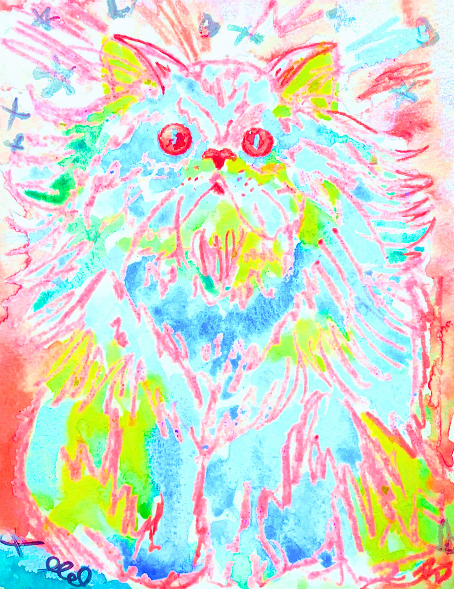 Original 8.5 by 11 inch mix media painting: Hot Pink Persian Cat