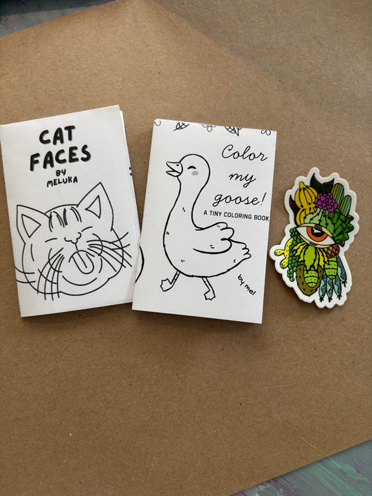 Color My Goose and Cat Faces tiny coloring book zines and sticker bundle (Copy)