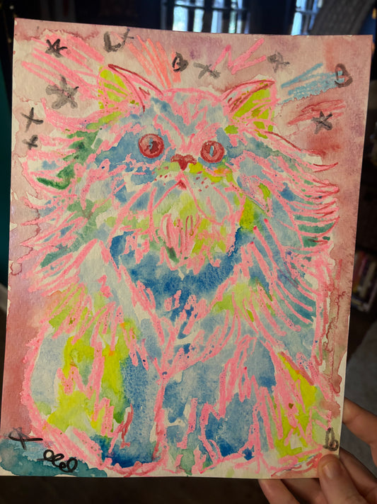 Original 8.5 by 11 inch mix media painting: Hot Pink Persian Cat