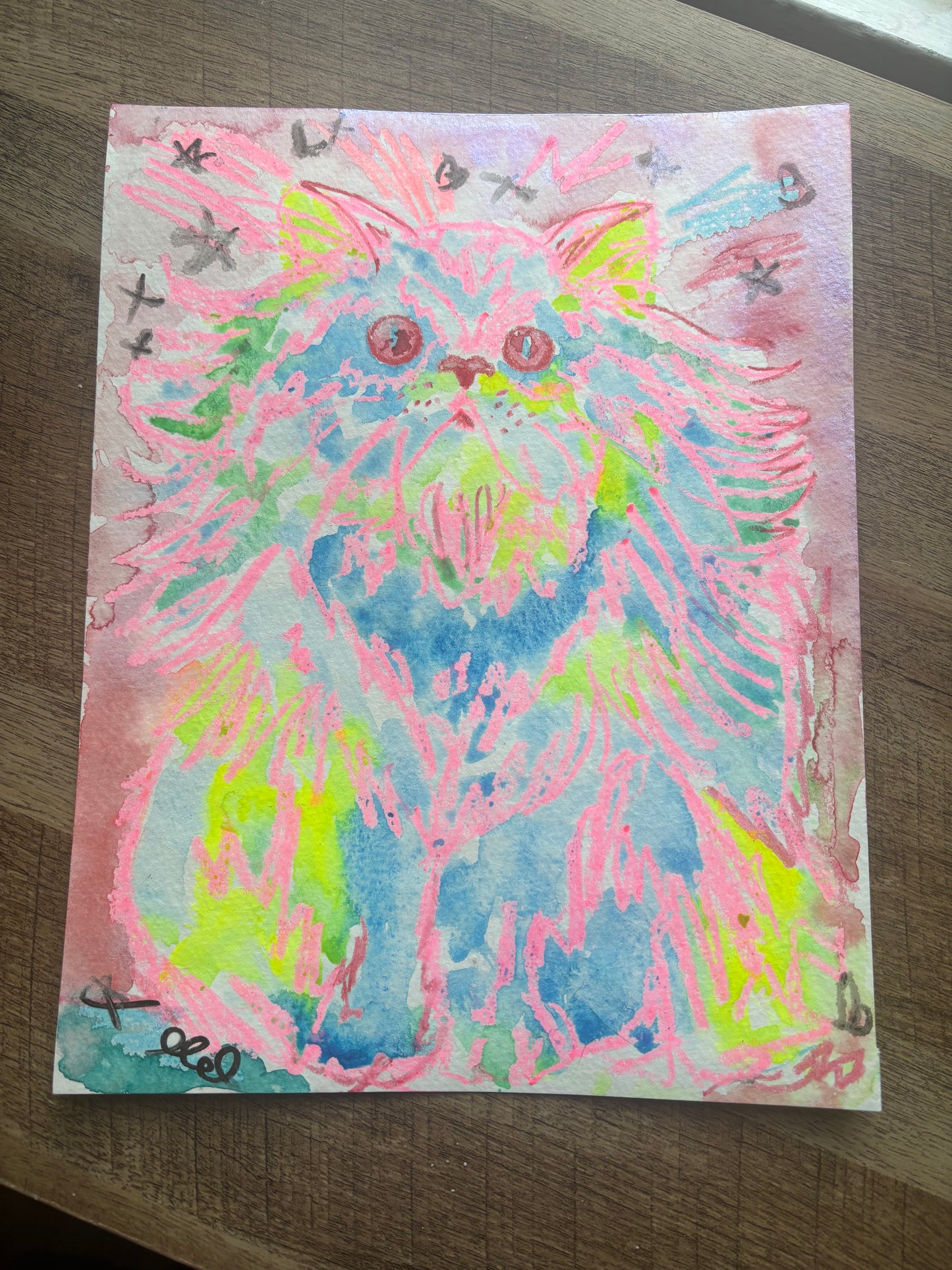 Original 8.5 by 11 inch mix media painting: Hot Pink Persian Cat